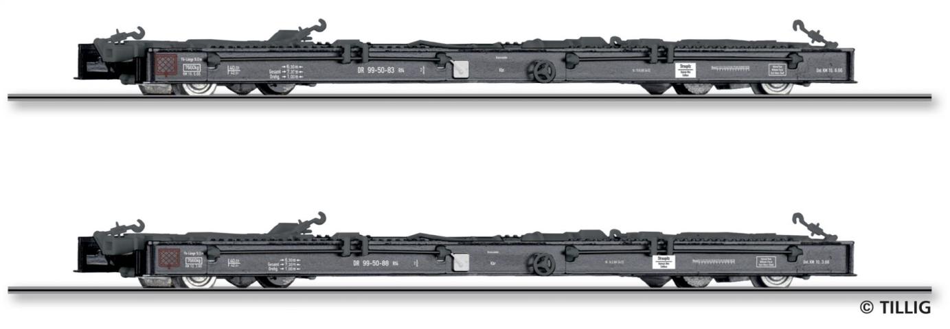 Tillig 15975 Güterwagenset der DR, bestehend aus zwei Schmalspur-Rollwagen Rf4, Ep. III