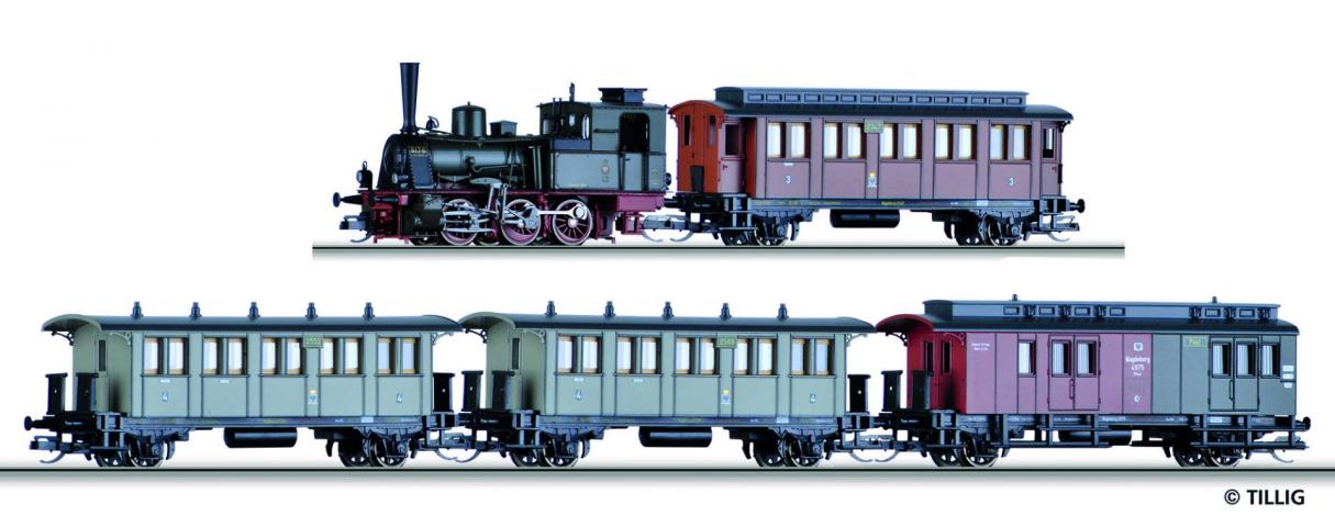 Tillig 1720 Passenger coach set of the KPEV, with steam locomotive T3 and four passenger coaches (1x 3rd class., 2x 4th class., 1x baggage car with mail compartment), Ep. I