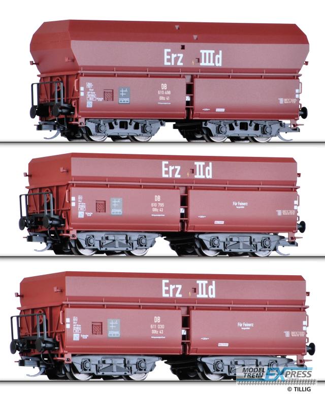 Tillig 1766 Freight car set "Erzzug 3" of the DB with three different hopper cars OOtz 41 and OOtz 43, Ep. III