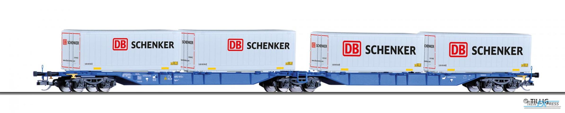 Tillig 18035 Doppeltragwagen Sggmrs 714 der DB AG, beladen mit vier Wechselbehältern DB Schenker, Ep. VI