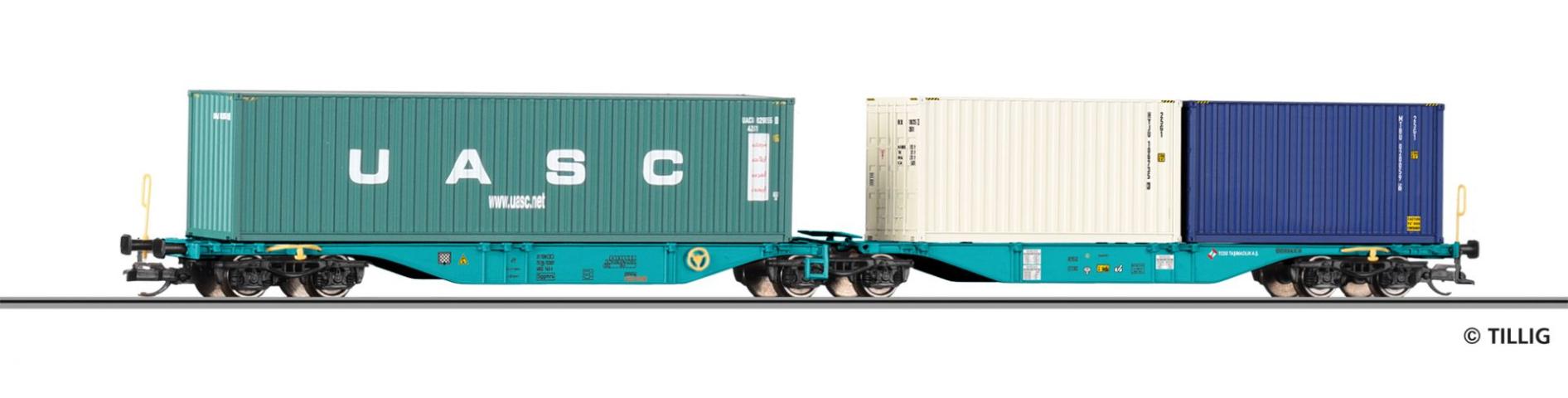 Tillig 18078 Containertragwagen Sggmrs der TCDD, beladen mit zwei 20'- und einem 40'-Containern, Ep. VI