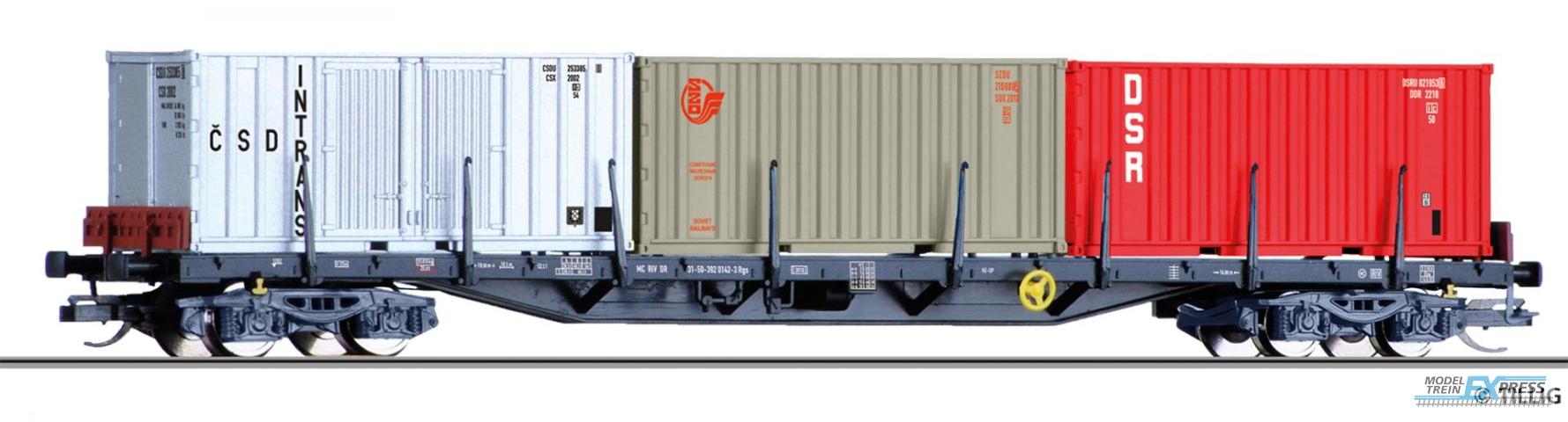 Tillig 18127 Containertragwagen Rgs 3910 der DR, beladen mit drei verschiedenen 20'-Containern, Ep. IV