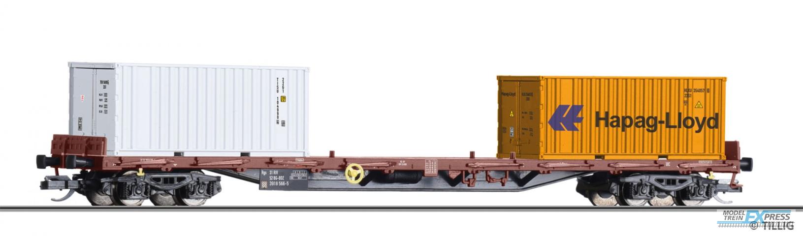 Tillig 18134 Containertragwagen Rgs der BDZ, beladen mit zwei 20' Containern, Ep. VI