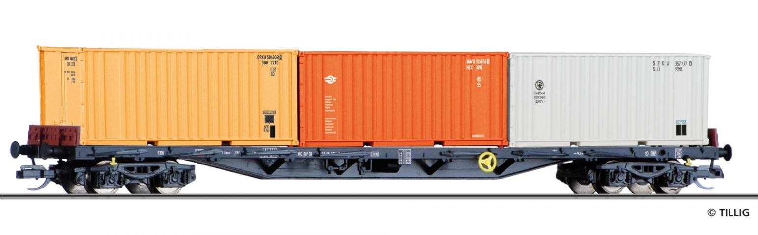 Tillig 18145 Containertragwagen Rgs 3910 der DR, beladen mit drei 20' Containern, Ep. IV
