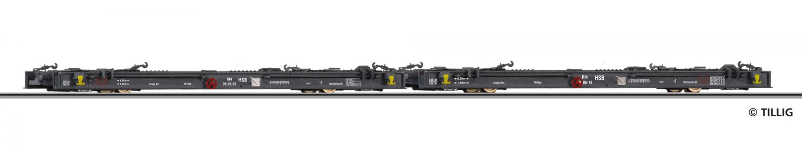 Tillig 5974 Güterwagenset der HSB, bestehend aus zwei Schmalspur Rollwagen Rf4, Ep. V -FORMNEUHEIT-