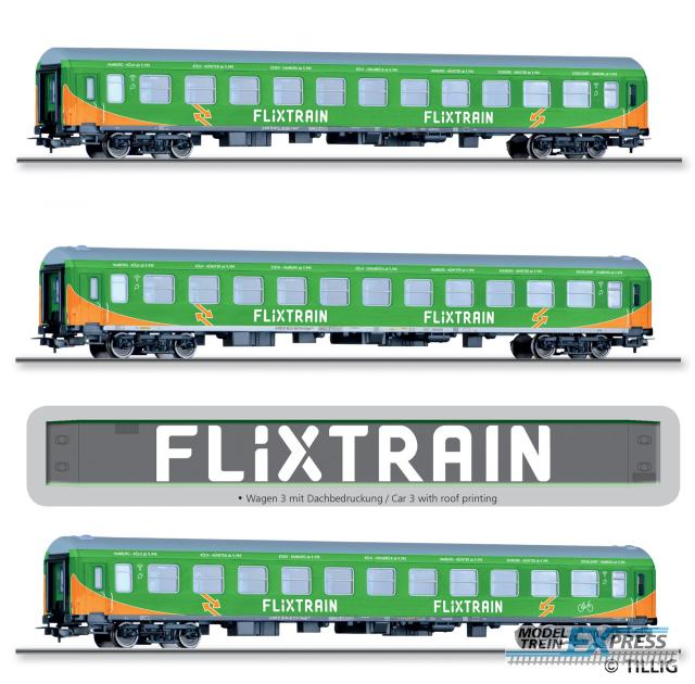 Tillig 70045 Reisezugwagenset "Flixtrain", bestehend aus drei Reisezugwagen, Bauart Halberstadt, Ep. VI