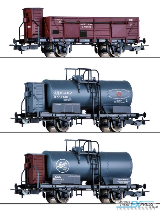 Tillig 70047 Güterwagenset der BDZ, JDZ und ?SD, bestehend aus einem offenen Güterwagen und zwei Kesselwagen, Ep. II