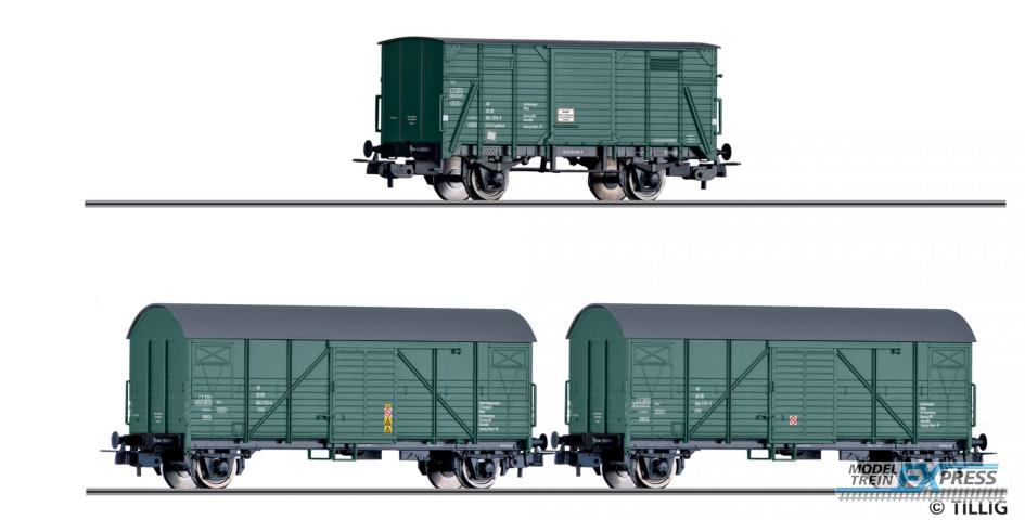 Tillig 70050 Güterwagenset "Bauzugwagen" der DR, bestehend aus drei gedeckten Güterwagen, Ep. IV