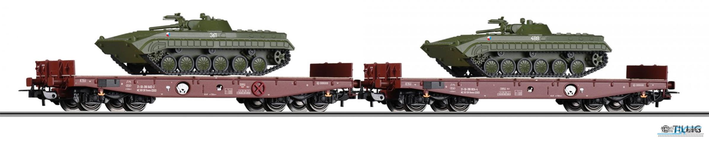 Tillig 70055 Güterwagenset der DR, bestehend aus zwei Schwerlastwagen Rmms 3960, beladen mit zwei Panzern BMP-1 "Tschechoslowakische Armee"
