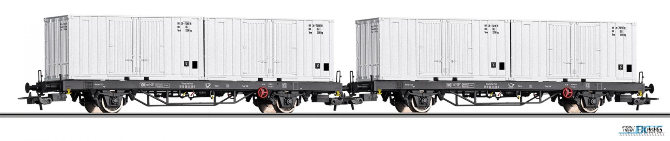 Tillig 70056 Güterwagenset der Deutschen Post, bestehend aus zwei Containertragwagen Post aa-t/12,8 beladen mit zwei 20' Container