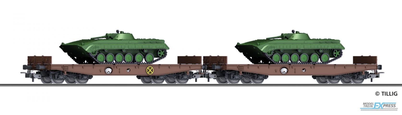 Tillig 70058 Güterwagenset der DR, bestehend aus zwei Schwerlastwagen Rmms 3960, beladen mit zwei Panzern BMP-1 "NVA", Ep. IV
