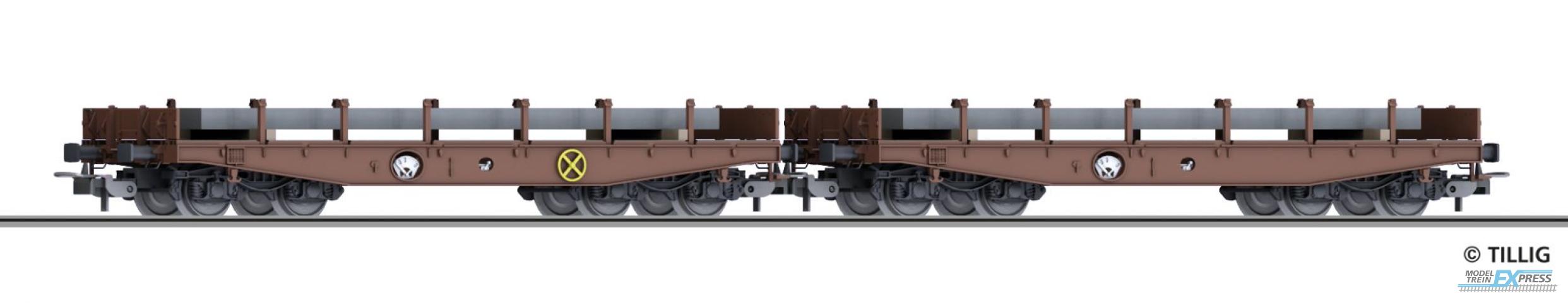 Tillig 70059 Güterwagenset der DB AG, bestehend aus zwei Schwerlastwagen Rmms 662, beladen mit Stahlbrammen, Ep. V