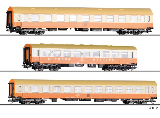 Tillig 70064 Reisezugwagenset "Städteexpress" der DR, bestehend aus einem Reisezugwagen Typ Y/B 70, einem Speisewagen und einem Reisezugwagen Bauart Halberstadt, Ep. IV