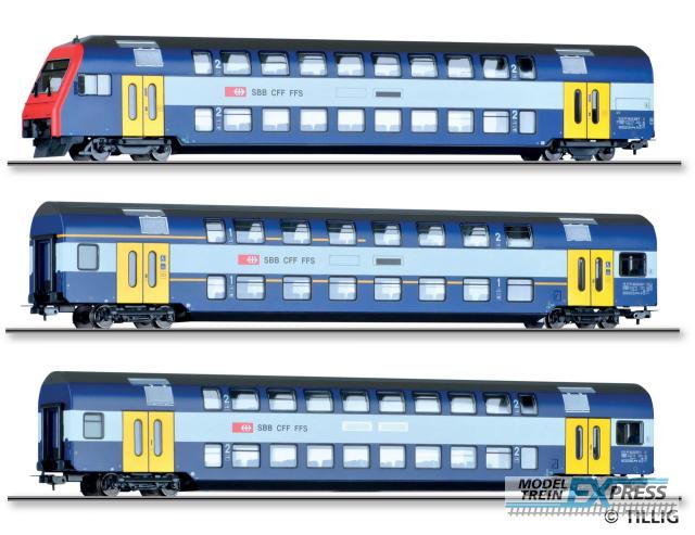 Tillig 70065 Reisezugwagenset der SBB, bestehend aus einem Doppelstock-
Steuerwagen Bt, einem 1./2. Klasse-Wagen AB und einen 2. Klasse-
Wagen B, Ep. V