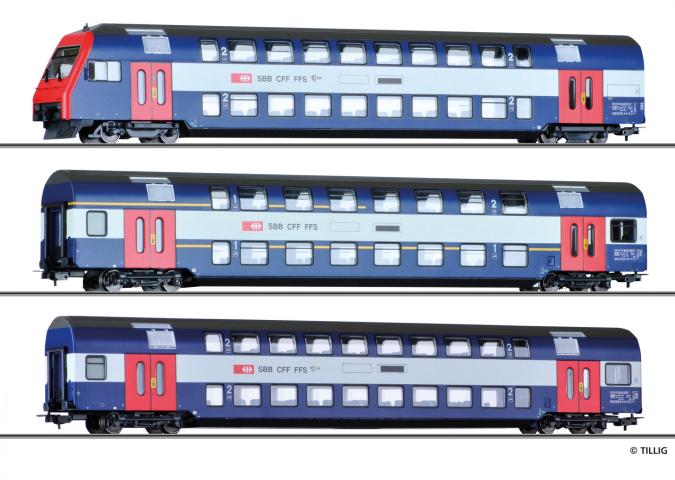 Tillig 70066 Doppelstockwagenset der SBB, bestehend aus DoppelstockSteuerwagen Bt, einem 1./2. Klasse-Wagen AB und einem 2. KlasseWagen B, Ep. V