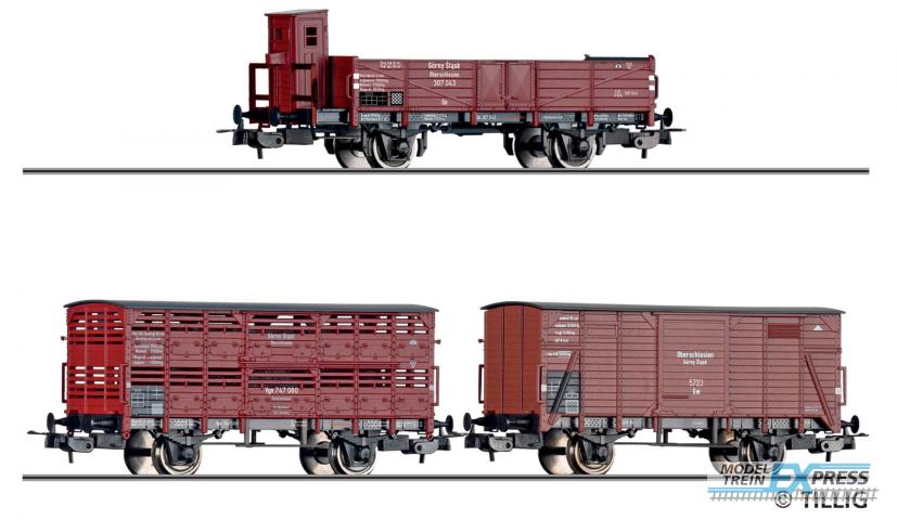 Tillig 70067 Güterwagenset der Gorny Slask / Oberschlesischen Eisenbahn, bestehend aus
einem offenen Güterwagen, einem Verschlagwagen und einem gedeckten
Güterwagen, Ep. II