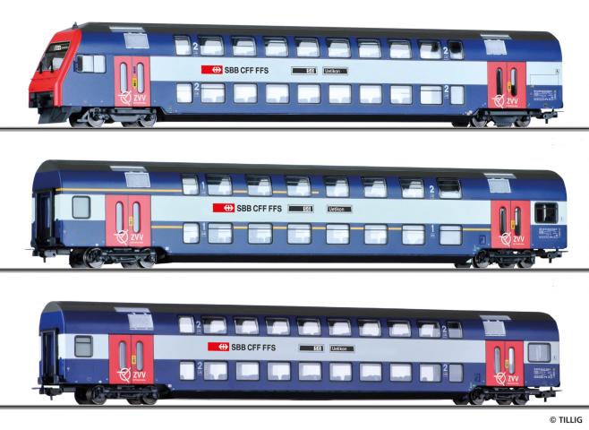 Tillig 70083 Doppelstockwagenset der SBB, bestehend aus Doppelstock-
Steuerwagen Bt, einem 1./2. Klasse-Wagen AB und einem 2. Klasse-
Wagen B, Ep. V/VI