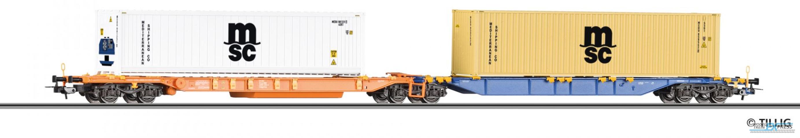 Tillig 77071 Doppeltragwagen Sdggmrss der ÖBB, beladen mit zwei Containern, Ep. VI  -FORMNEUHEIT-