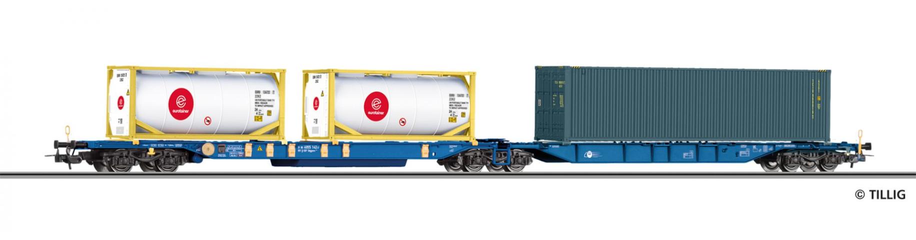 Tillig 77082 Doppeltragwagen Sdggmrs 744 der Eisenbahn Gesellschaft Potsdam mbH (EGP), beladen mit zwei 20' Tankcontainern und einem 40' Container, Ep. VI