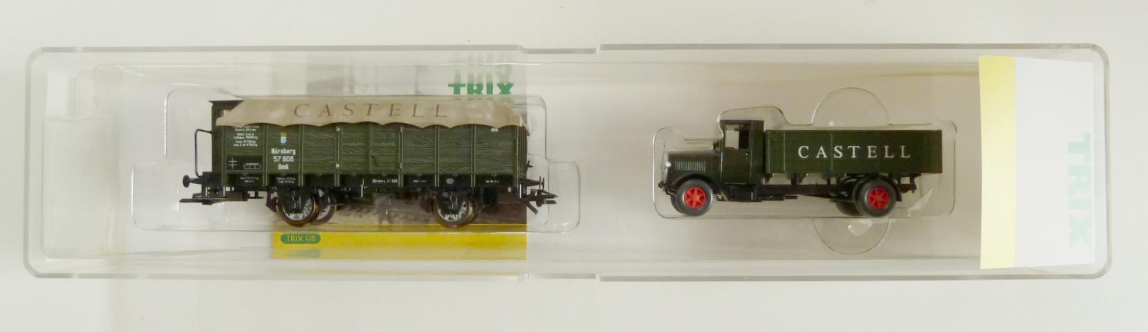 Trix gebruikt materiaal 24311 Mittelbordwagen K.Bay.Sts.B.Nurnberg met vrachtwagen Castell nieuw in doos