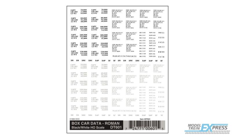 Woodland DT601 HO Box Car Data - Roman Black & White